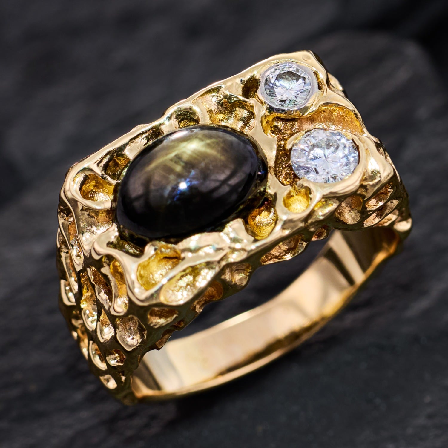 Mens Rustic Black Star Sapphire Ring w/ Diamonds 14K Yellow Gold