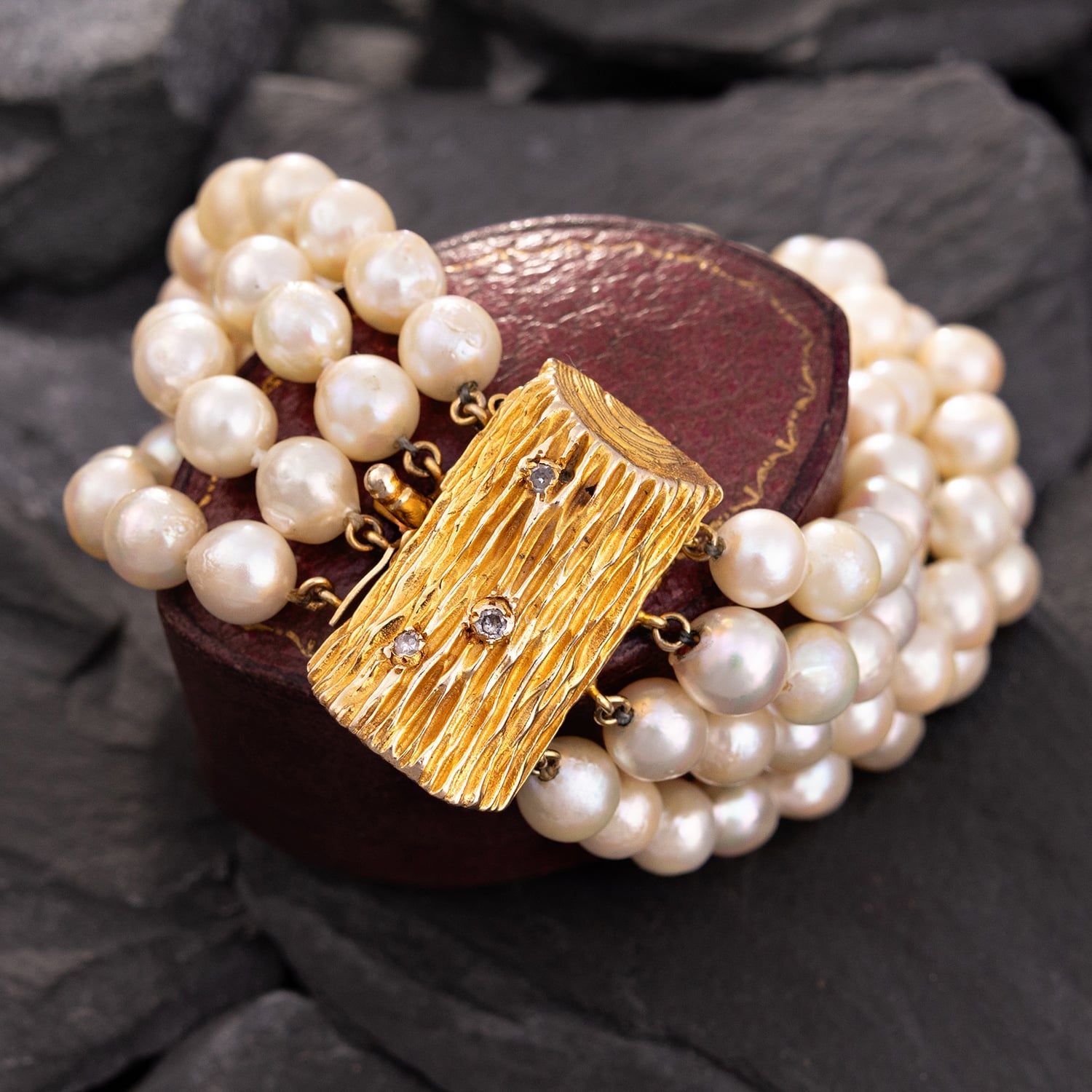 Vintage Four Strand Pearl Bracelet 14K Yellow Gold Diamond Clasp