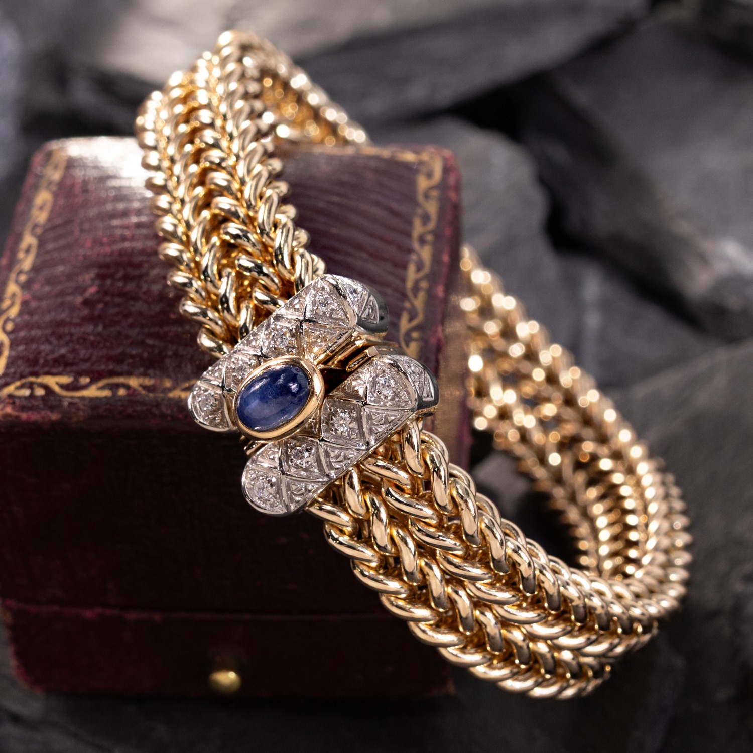 Braided Gold Bracelet w/ Diamond & Sapphire Clasp 14K Two Tone Gold