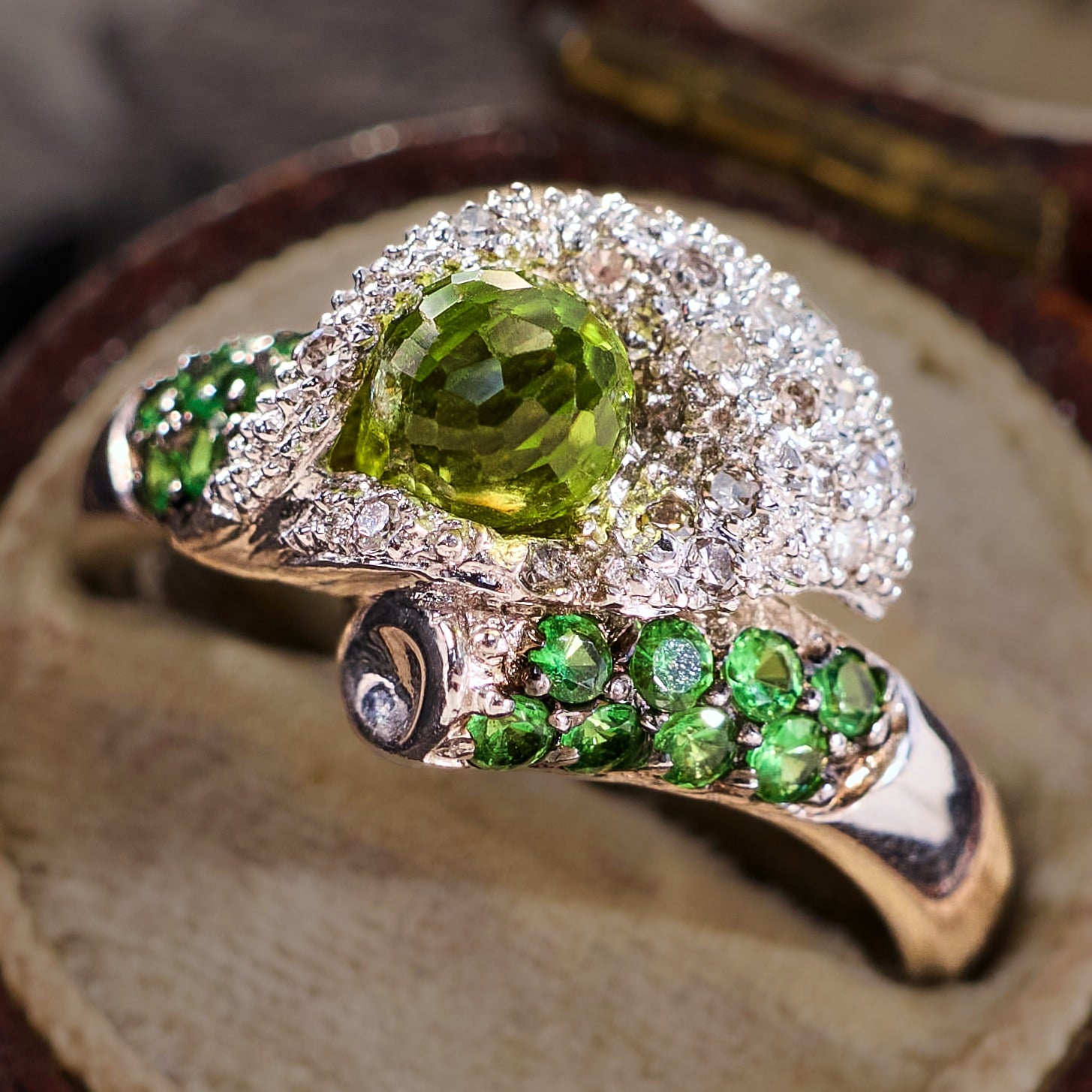 Calla Lily Peridot & Tsavorite Garnet Ring 14K White Gold