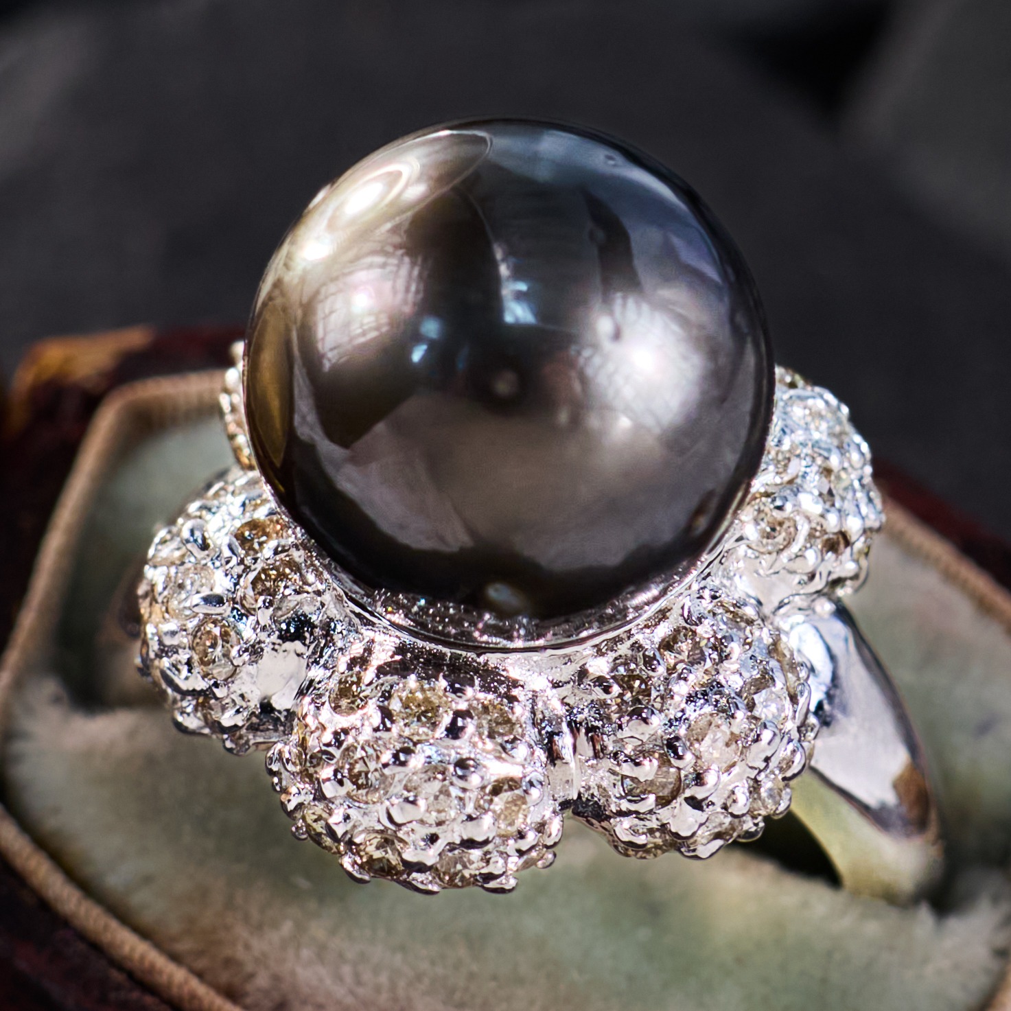 Tahitian Pearl Ring with Diamond Flower Halo 18K White Gold