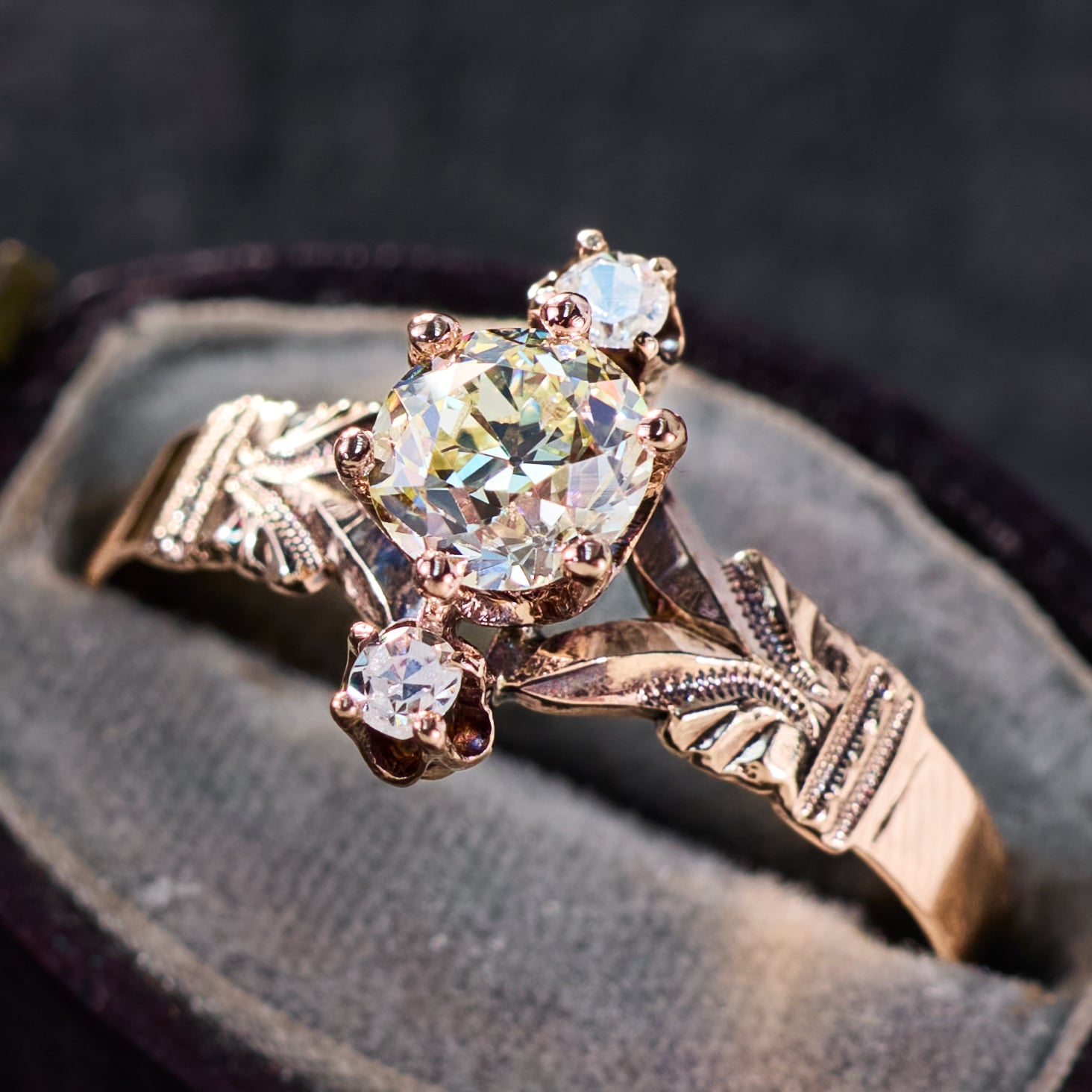 【source object】Antique Diamond Ring 14.5 Handmade Victorian 3 Stone Engagement Ring Yellow Gold .55Ct N/VVS2