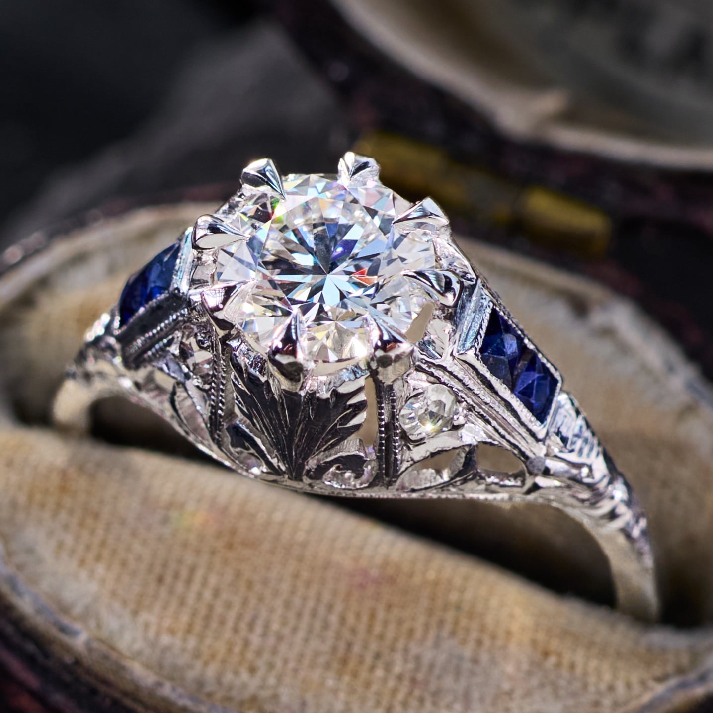 Art Deco Engagement Ring w/ Round Brilliant Cut Diamond Platinum 