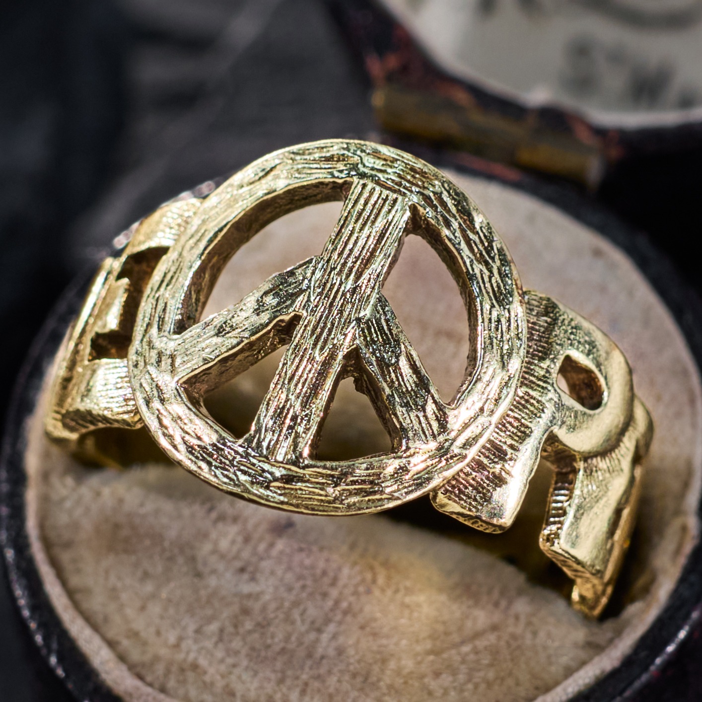 Groovy Custom Peace Symbol Ring 14K Yellow Gold