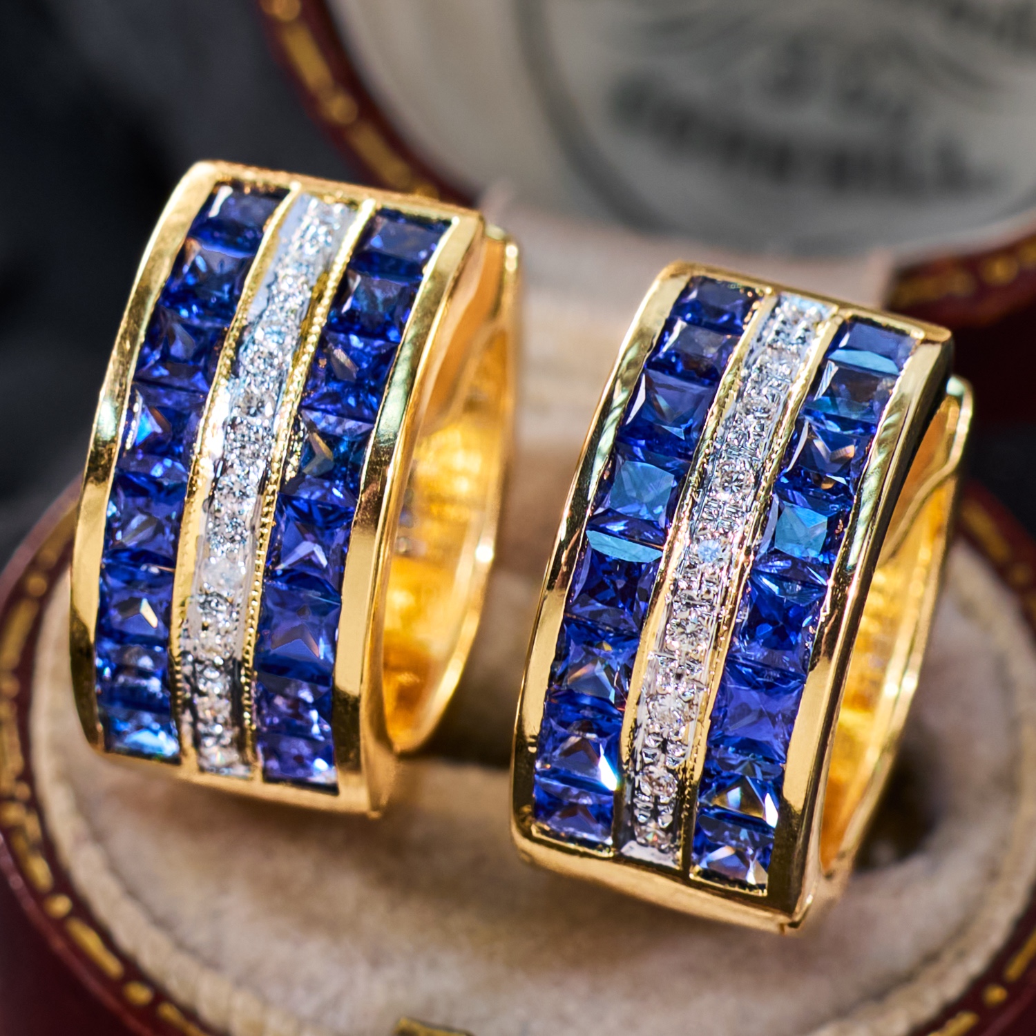 Blue Sapphire & Diamond Hoop Earrings in 18K Yellow Gold