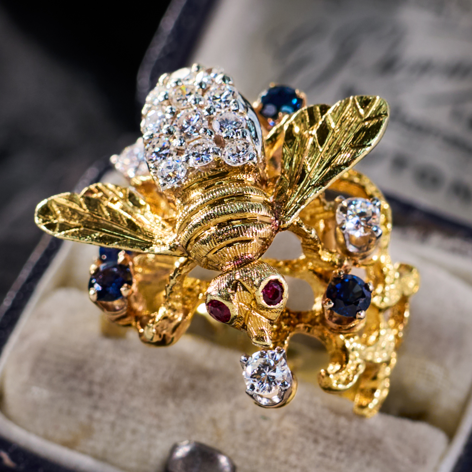 Diamond Sapphire Ruby Bee Ring 18K Yellow Gold