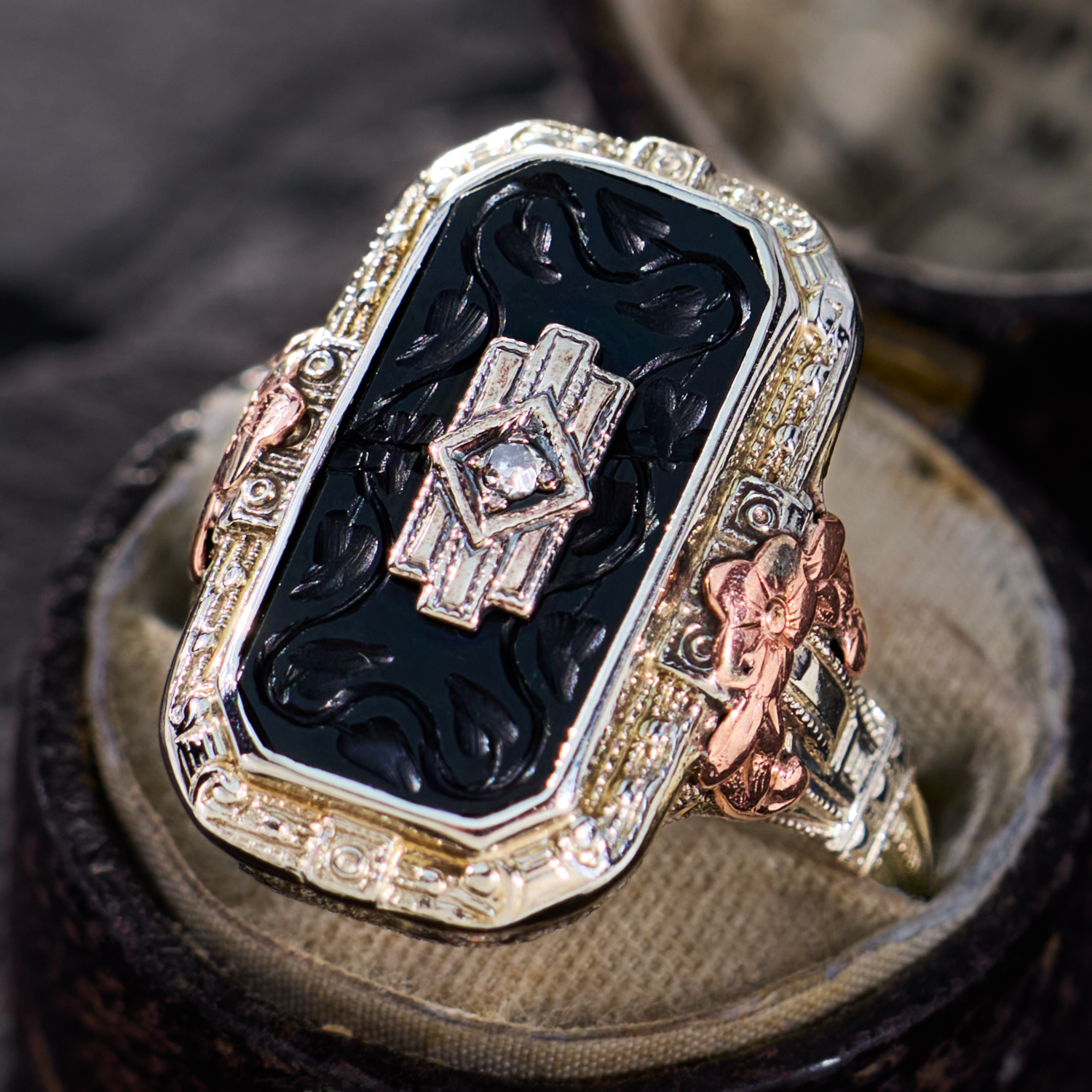 Vintage Carved Onyx Ring in Detailed 14K White Gold