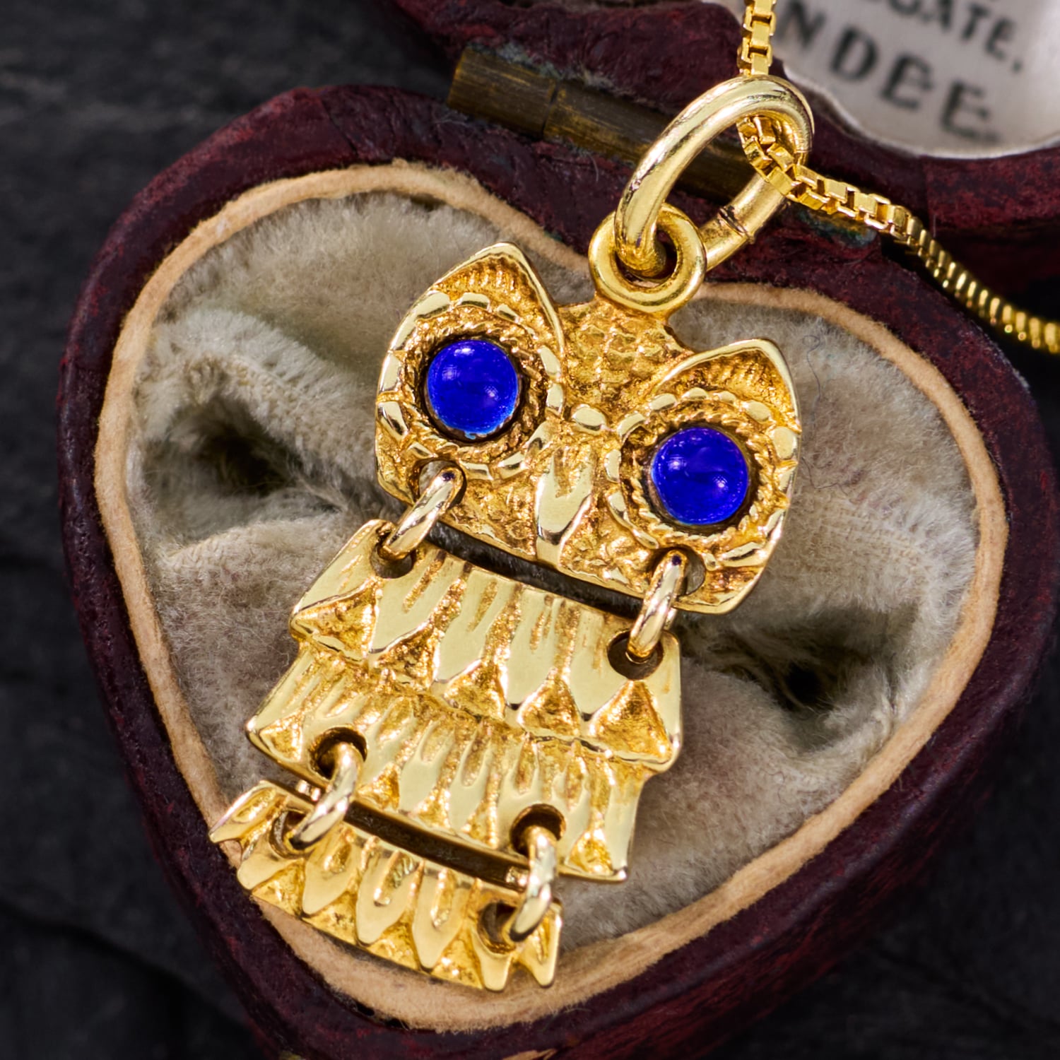 1970s Blue Enamel Eye Owl Pendant Necklace 14K Yellow Gold