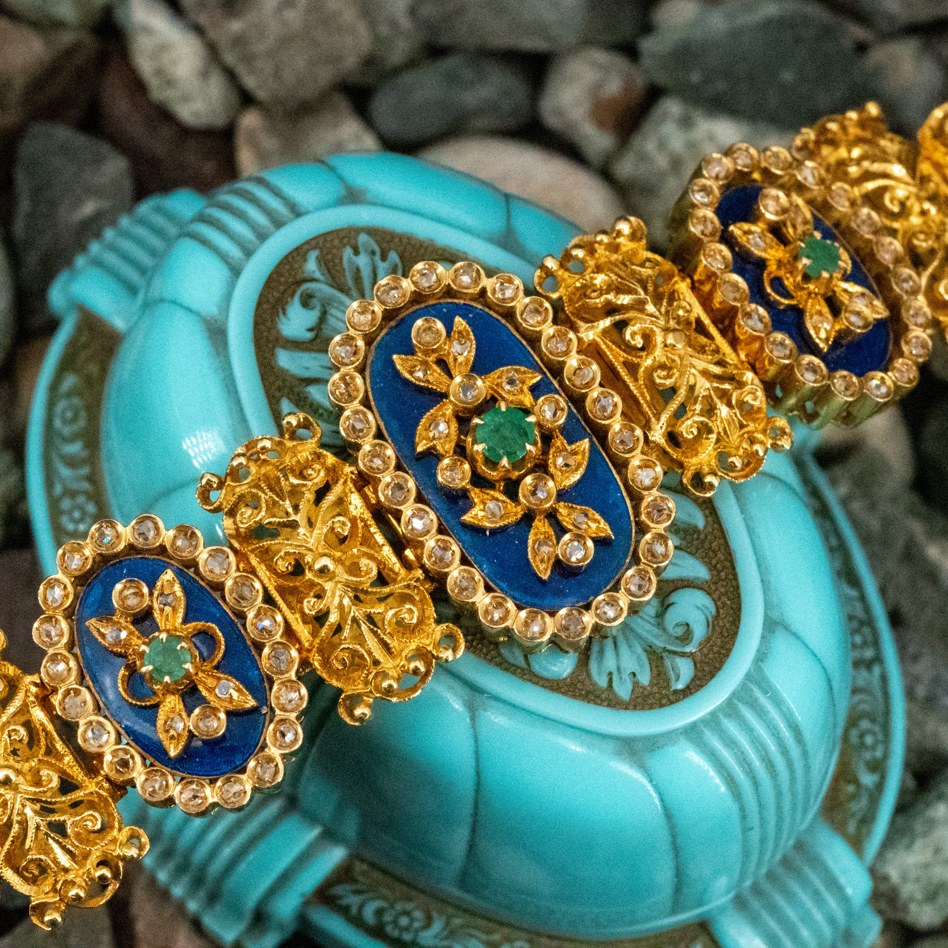 Bracelet Ancien En Or 18K 750 Avec Émeraude Naturelle Et Pépite D'Or - Splendide Pièce Vintage