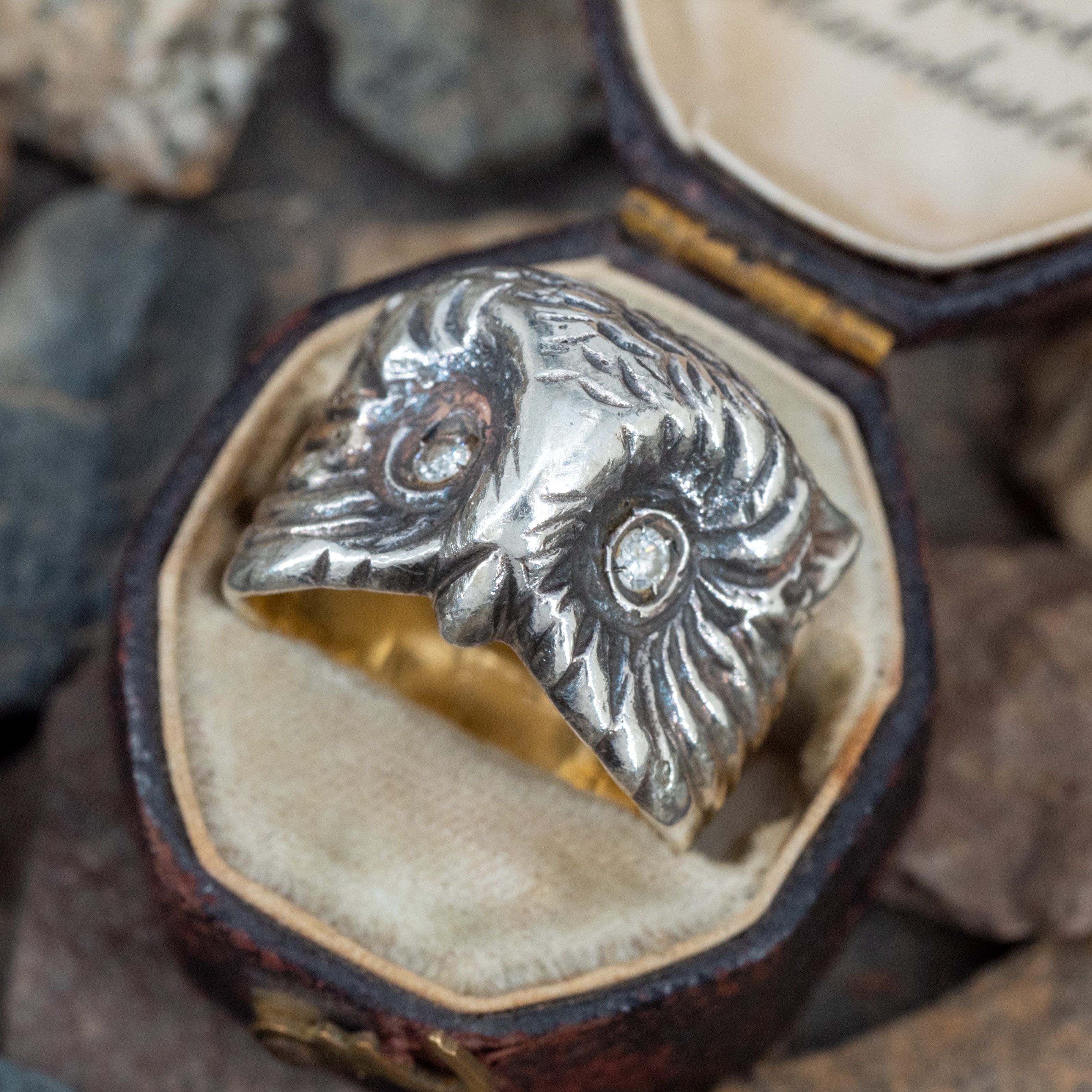 Fantastic Diamond Owl Face Ring 18K Yellow Gold & Sterling Silver